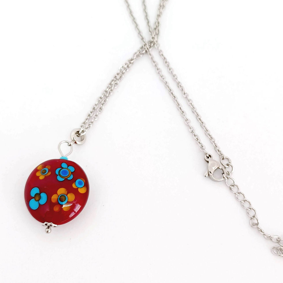 Miniature : Pendentif "Papillon et fleur" en verre de Murano rouge, jaune, turquoise et noir