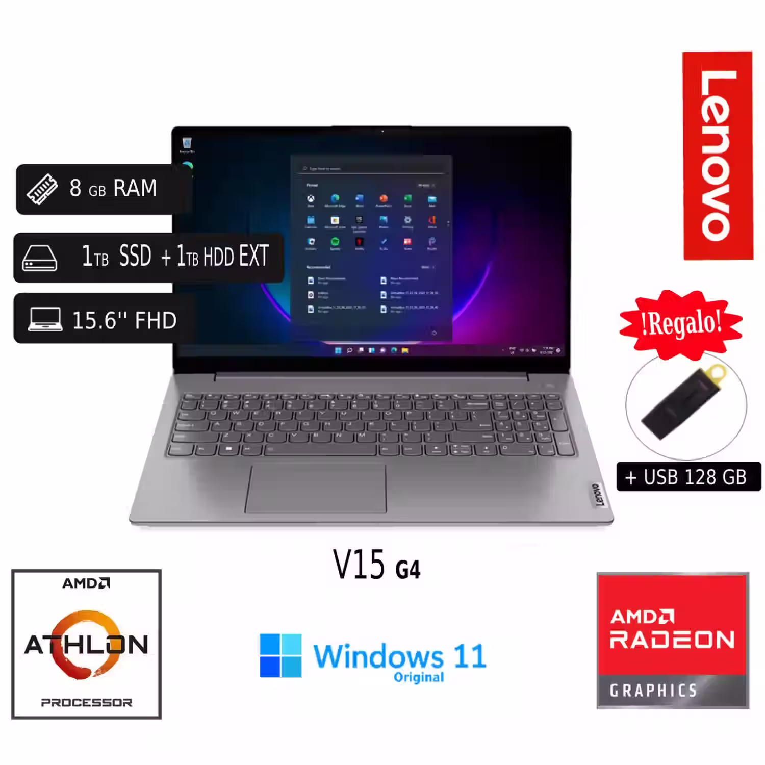 Laptop Lenovo V15 G4 AMD Athlon Silver 7120U 8GB RAM 1TB SSD 1TB HDD EXT +128GB