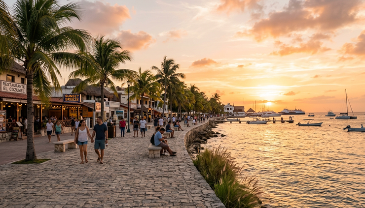 Eye-level view of a Cozumel waterfront at sunset with palm trees and a stone walkway