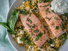 Summer Salmon with Roasted Corn Couscous Salad and Tzatziki