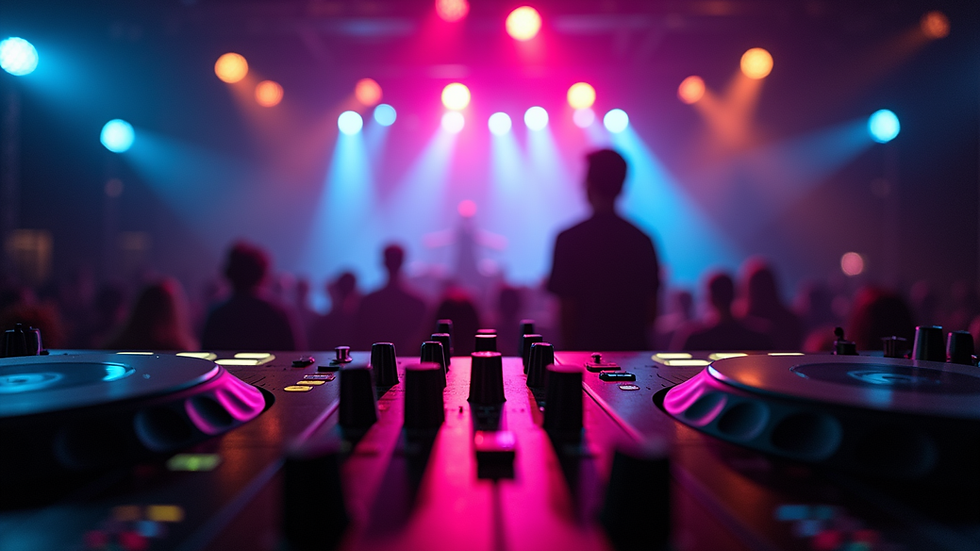 Eye-level view of a DJ booth with vibrant speakers and colorful lights