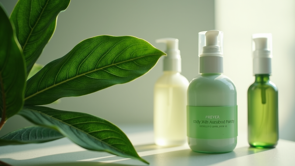 Close-up view of green leaves and natural skincare bottles