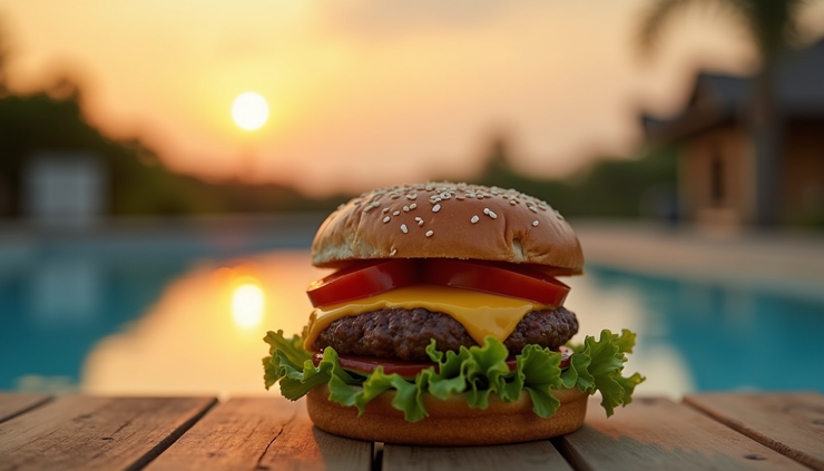 Eye-level view of a sizzling burger with melted cheese and fresh lettuce on a wooden table near a swimming pool