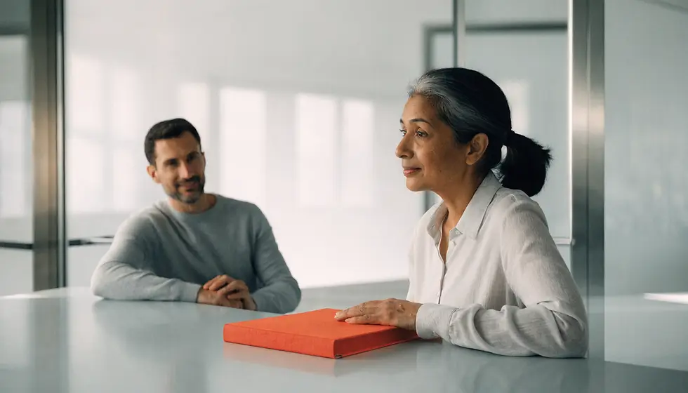A brand director rests her hand on a red-orange binder across a meeting table from a smiling agency partner.