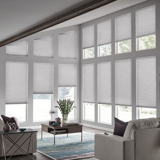 Specialty shape semi-opaque cellular honeycomb shades in a living room