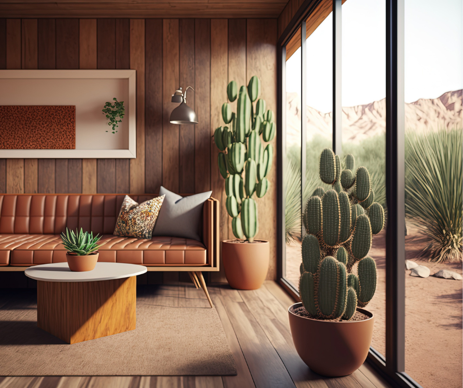 Living room with Biophilic Design with woven wood shades