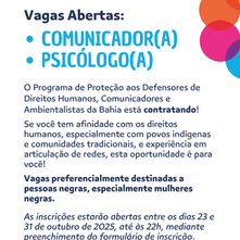 PPDDH Bahia abre processo seletivo para comunicador/a e psicólogo/a com contratação imediata em Salvador