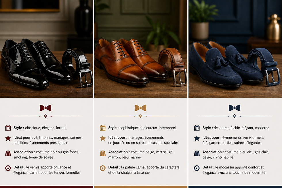 Chaussures noires, marron et bleues avec ceintures assorties. Styles élégants. Conseils de mode modernes sur fond de bois et plantes.