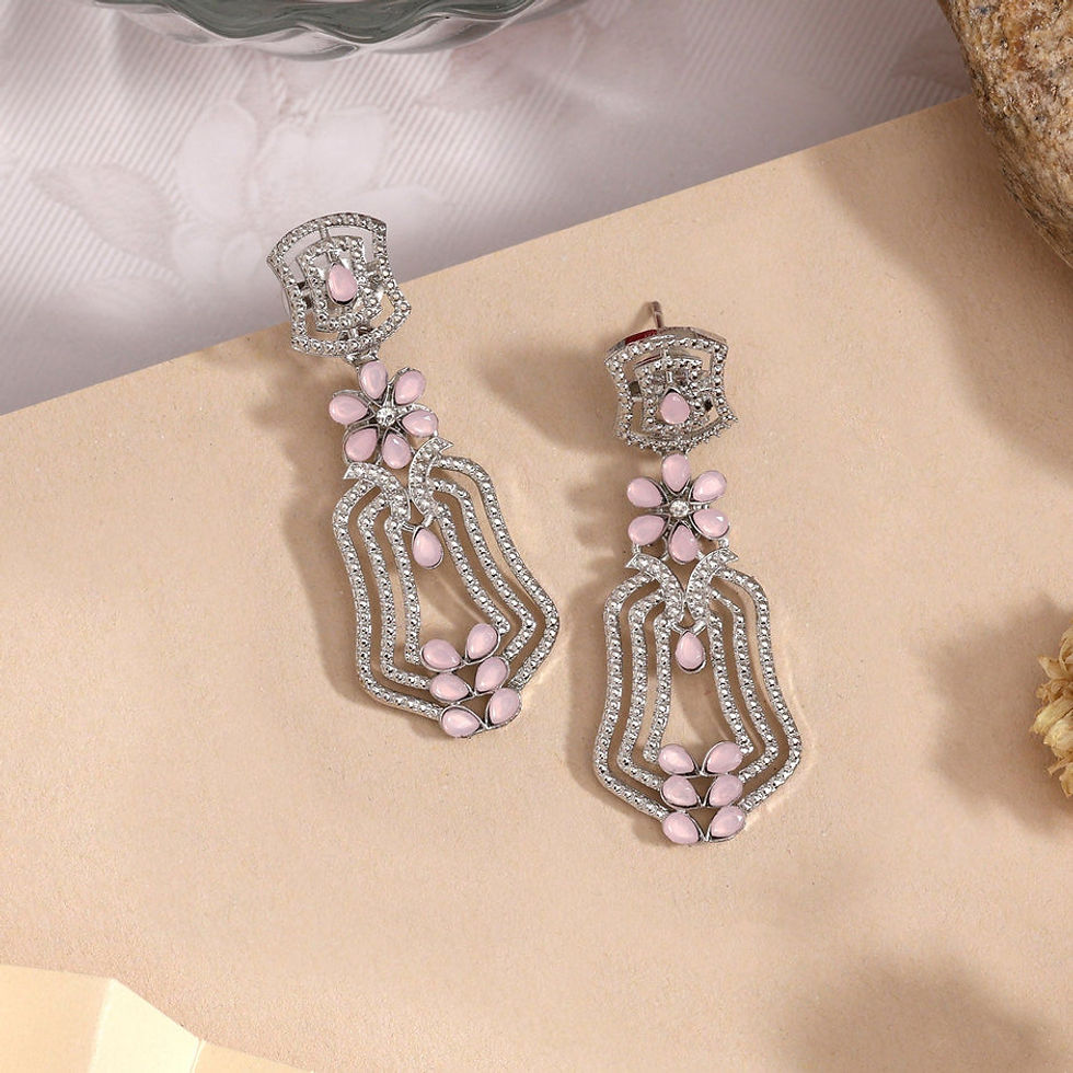 Thumbnail: Pink American diamond earrings with floral accents