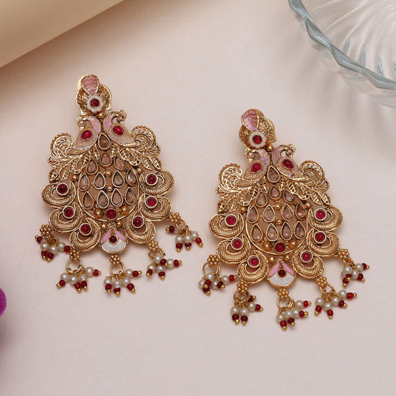 Gold peacock earrings with pink and white accents