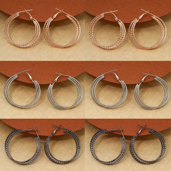 Triple hoop earrings: gold, rose gold, silver, gunmetal
