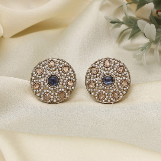 Elegant round earrings with blue and pearl accents