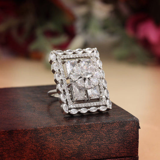 Elegant rectangular ring with sparkling cubic zirconia