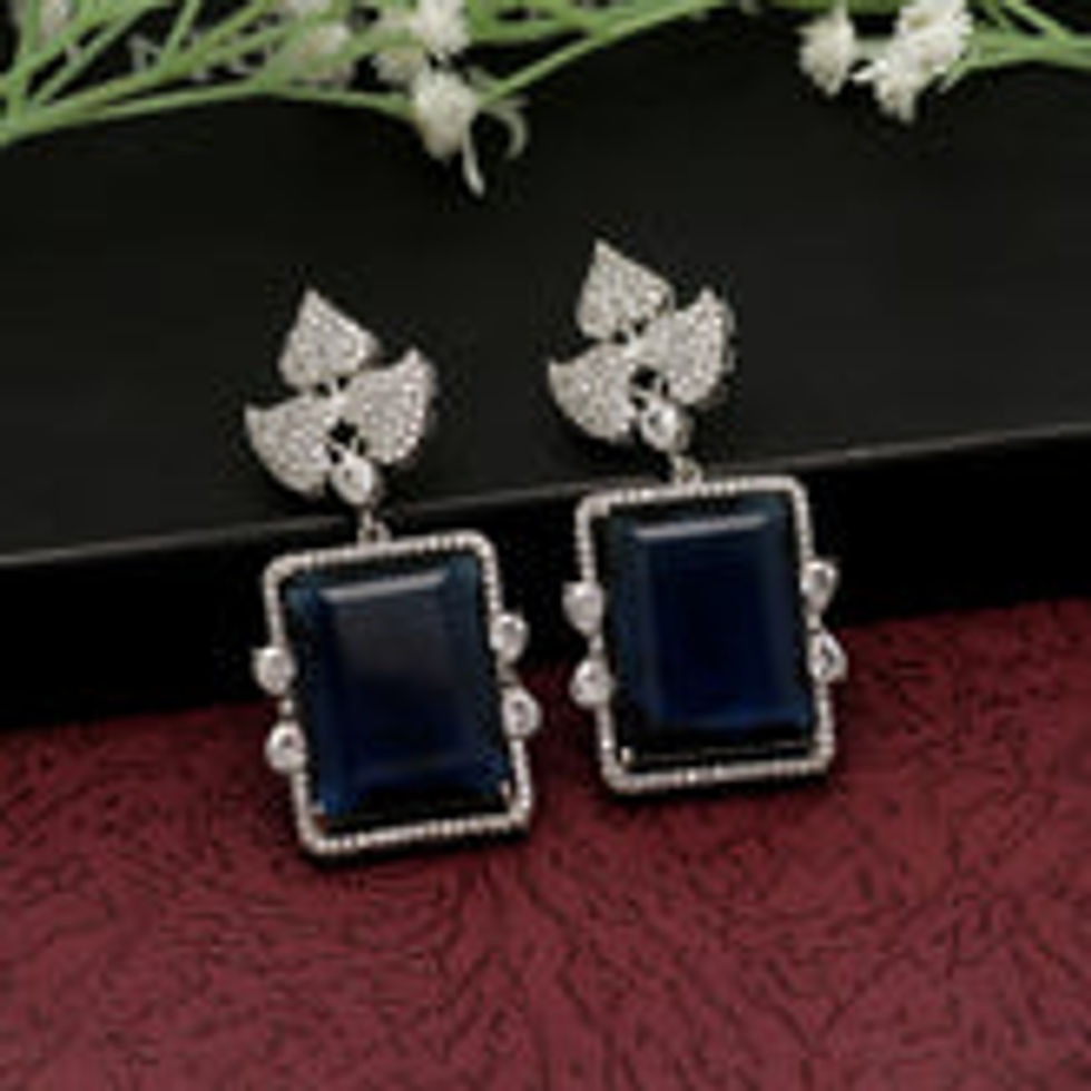 Elegant dark blue square earrings with leaf accents