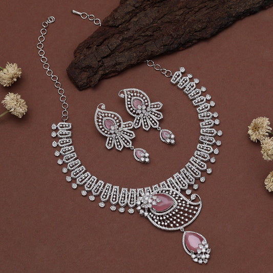 Elegant silver necklace set with pink stones