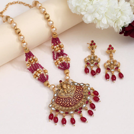 Red beaded necklace set with earrings