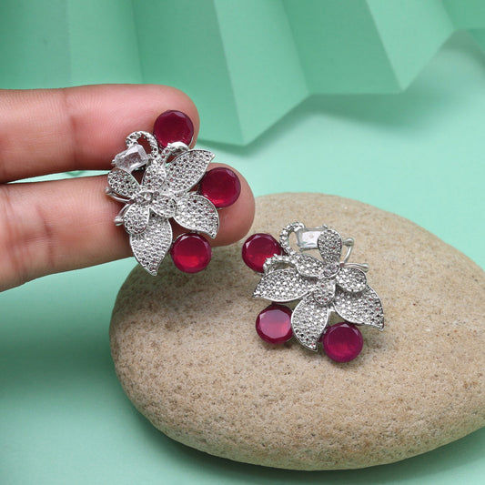 Red stone flower earrings