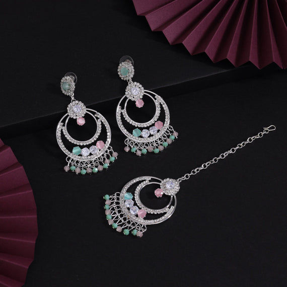 Silver earrings and maang tikka set with pastel beads