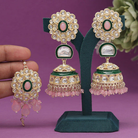 Elegant pink and green Kundan earrings