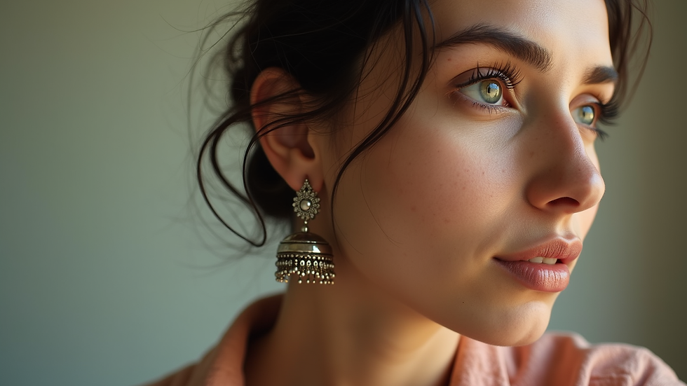 Eye-level view of a casual outfit with oxidized silver jhumkas