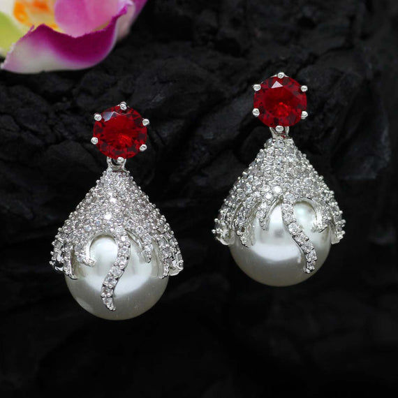 Elegant red and white pearl earrings