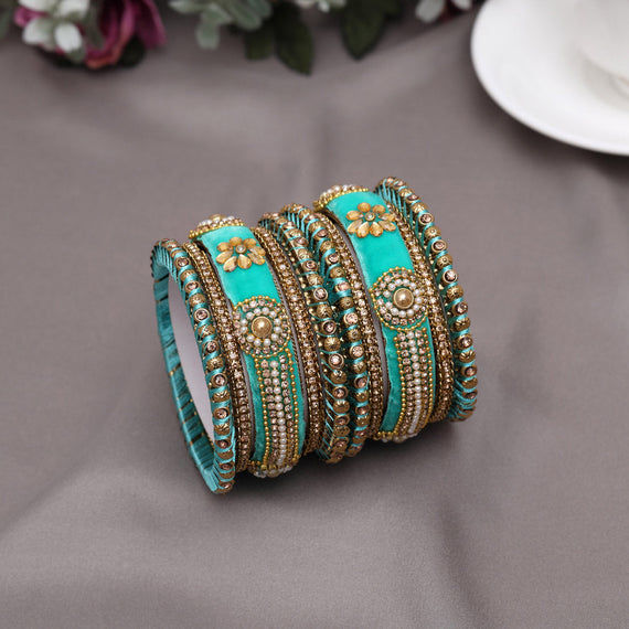 Teal and gold beaded bangles