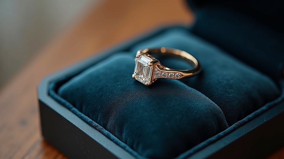 High angle view of a luxury diamond ring on a velvet cushion