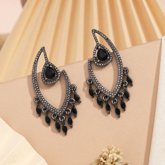 Black crystal drop earrings with intricate detailing