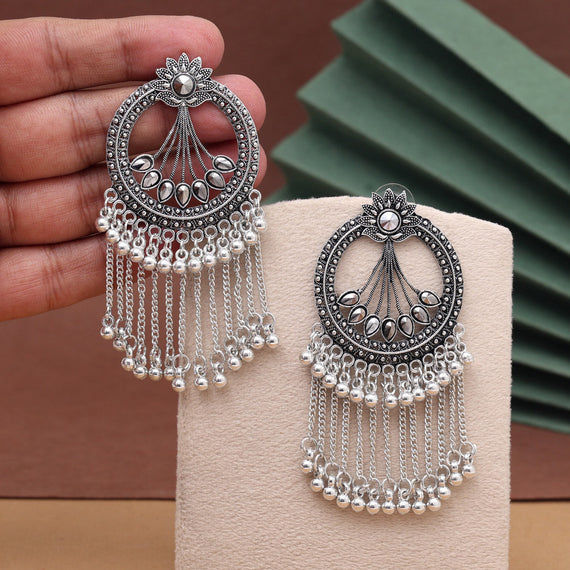 Oxidized silver earrings with beaded fringe