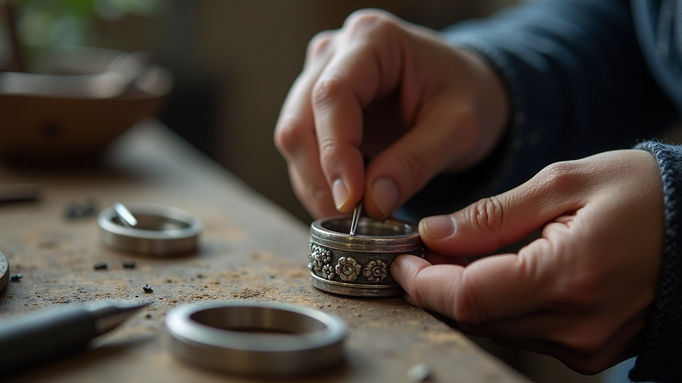 Close-up view of artisan crafting a unique silver ring