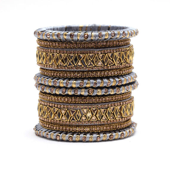 Grey and gold beaded bangles stack