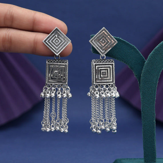 Oxidized Silver Jhumka Earrings with Geometric Design