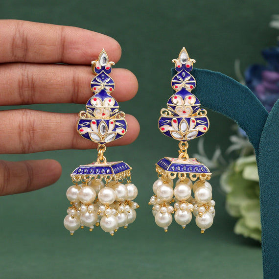 Blue and white enamel jhumka earrings with pearls