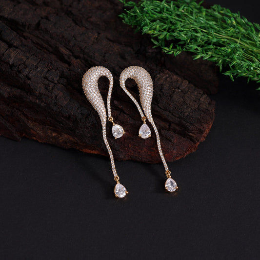 Elegant long drop earrings with white stones