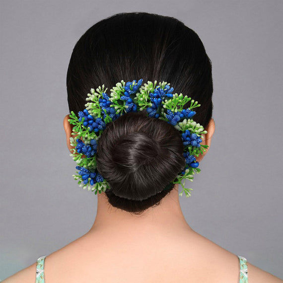 Blue and green floral hair bun adornment