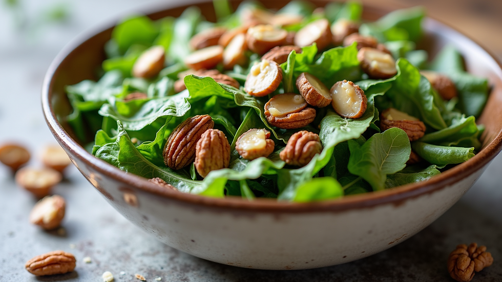 Eye-level view of a bowl of mixed green salad with nuts