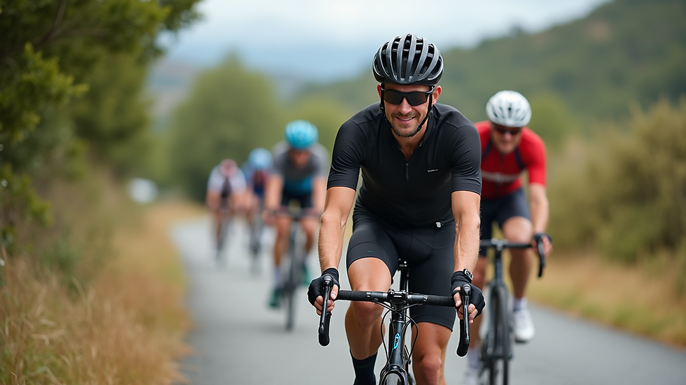 High angle view of cyclists climbing a hill during a group ride