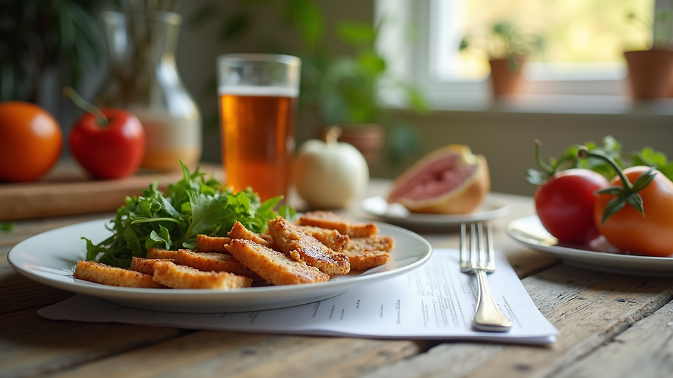 Close-up view of a fitness plan and healthy meal on a table