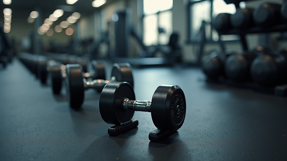High angle view of dumbbells arranged on a gym floor