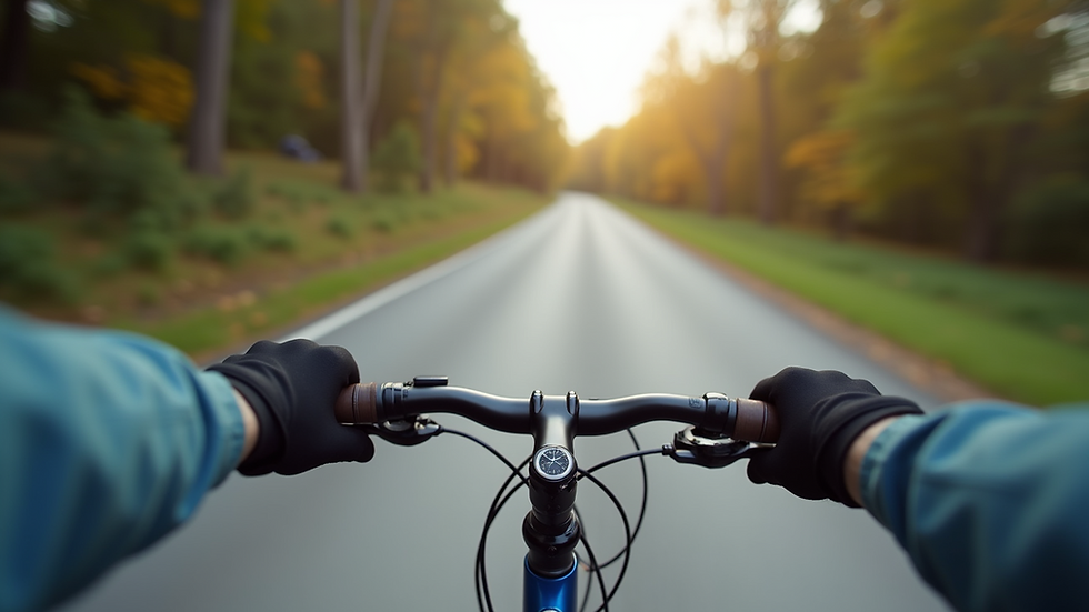 Close-up view of a cyclist’s hands signalling a left turn on a quiet road