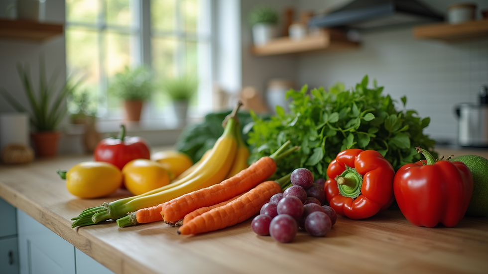 Eye-level view of a kitchen counter with fresh fruits and vegetables