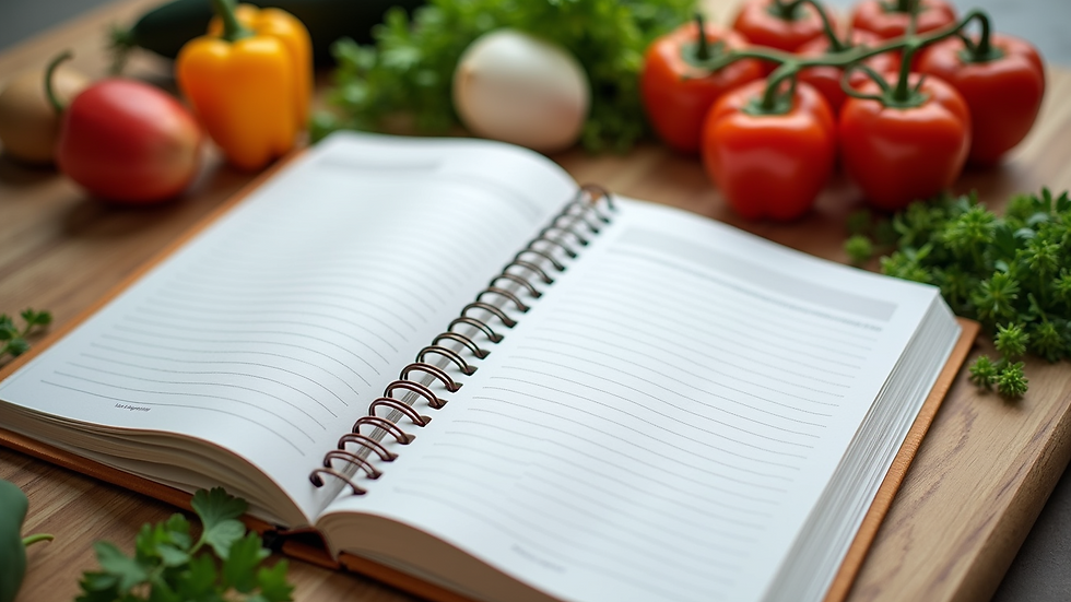 High angle view of a recipe book open on a kitchen table with fresh ingredients