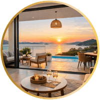 Terrasse mit Meerblick und Pool bei Sonnenuntergang