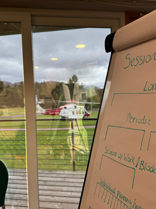 Flipchart showing an open water coaching session plan during classroom learning.