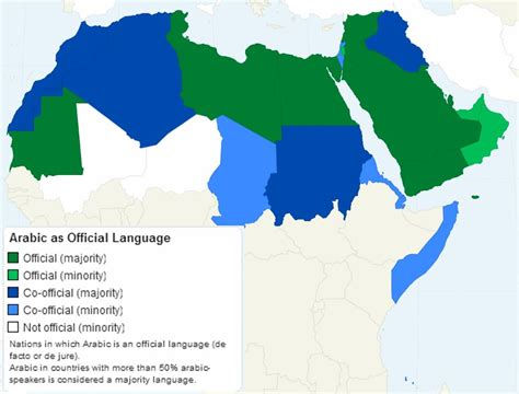 Map depicting Arabic as an official language in countries, colored by status: majority, minority, or co-official. Includes a legend.
