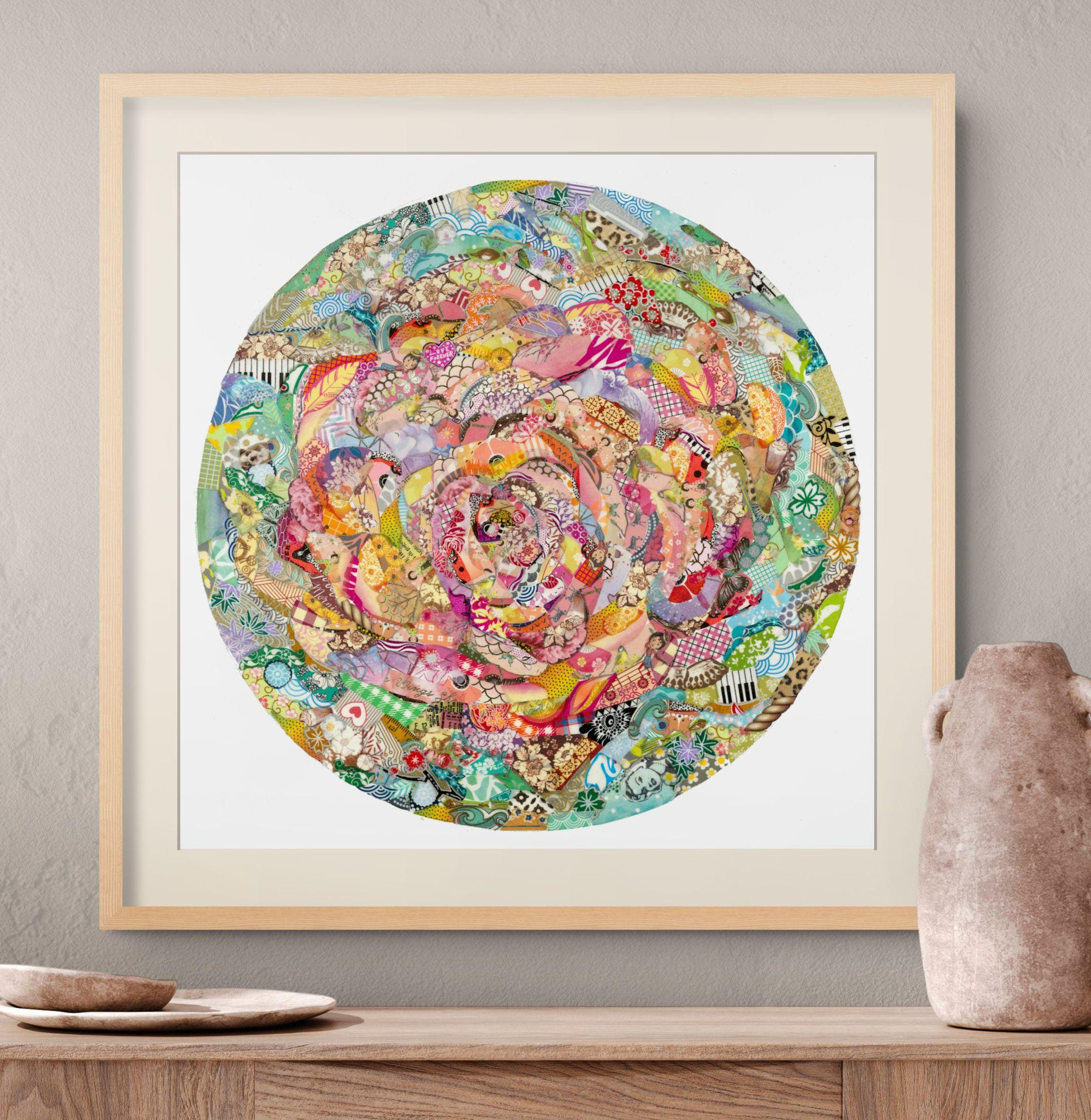 Flower Mandala Art Print, Japanese Paper Collage Rose Wall Art