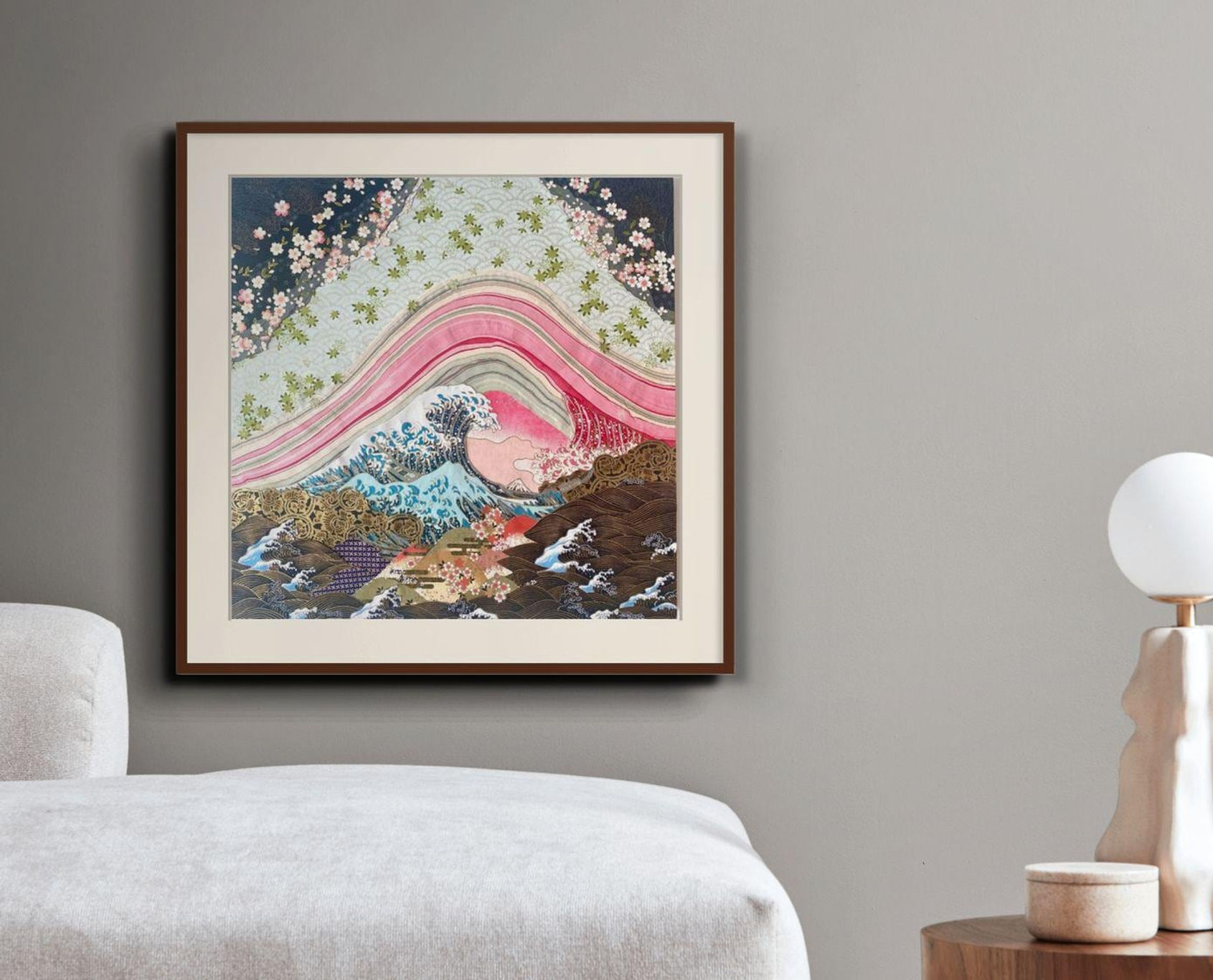 Japanese Wave Art Print, Cherry Blossom Ocean Wall Art, Japandi Landscape Decor