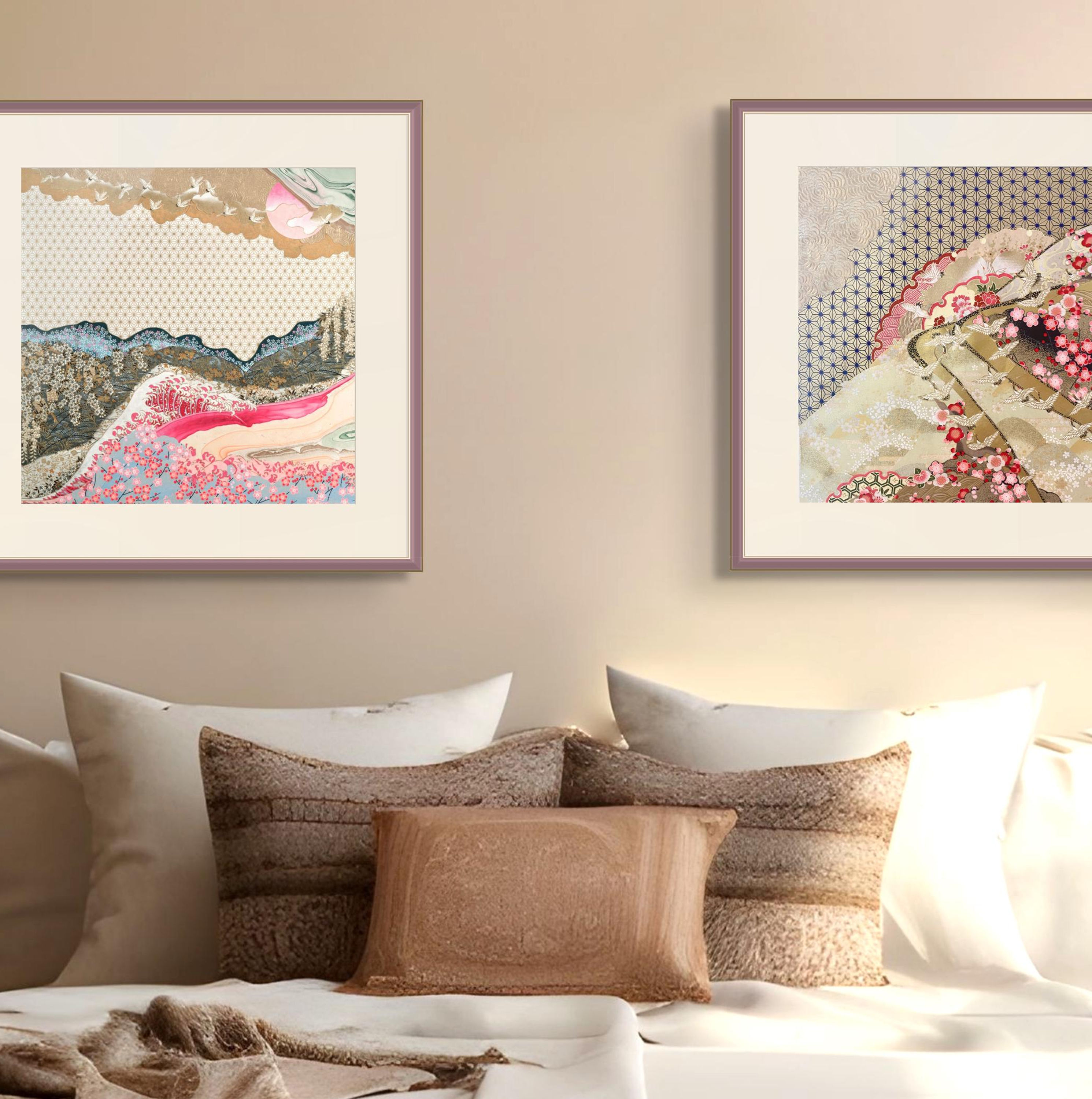 Set of 2 Cherry Blossom Giclee Prints, Pink Gold Japandi Landscape Art