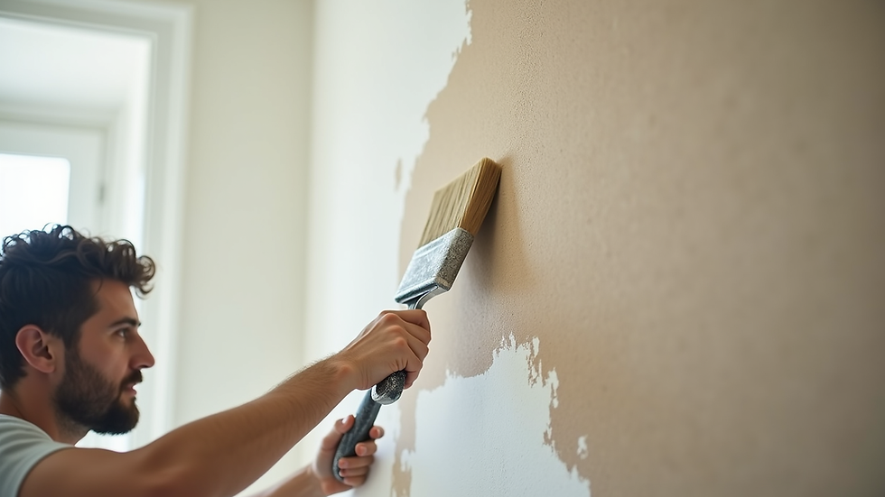 Close-up view of painter preparing wall surface for painting