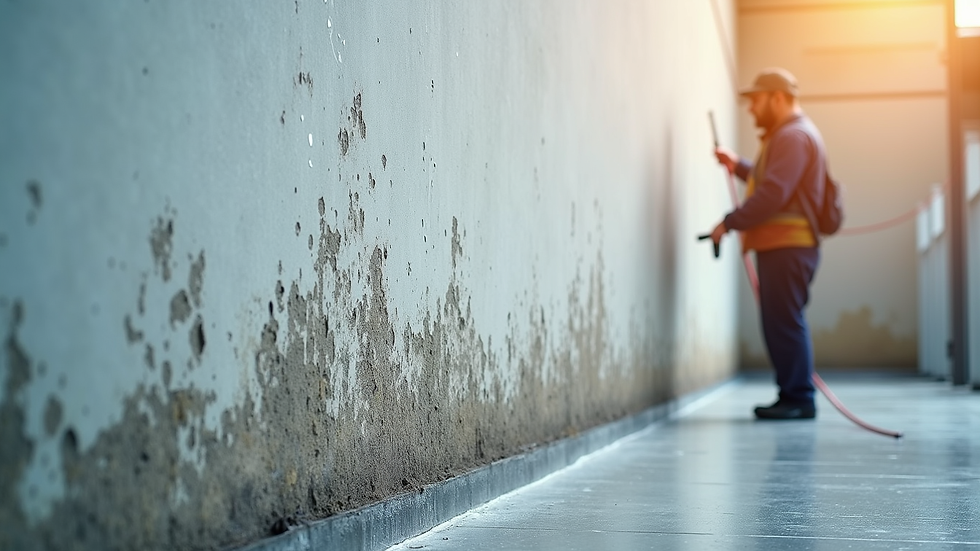 Eye-level view of a commercial building wall being cleaned for mould removal